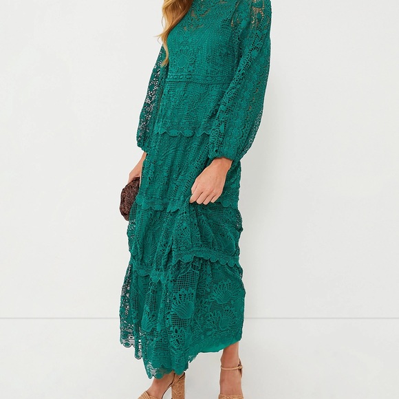 Farm Rio Dark Green Guipure Long Sleeve Maxi Dress - Picture 2 of 3